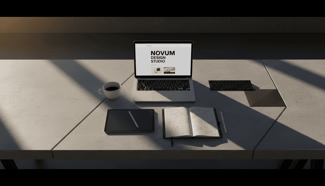 Designer's workspace with laptop displaying a professional website mockup