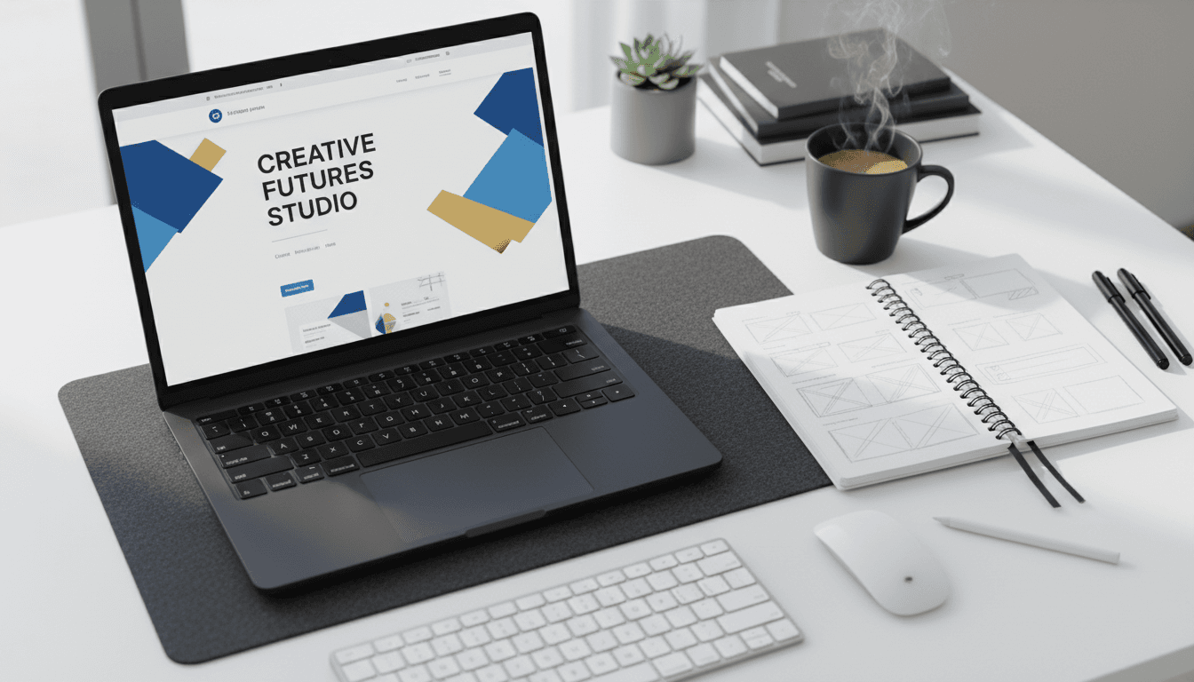 Designer workspace with website mockup on laptop screen
