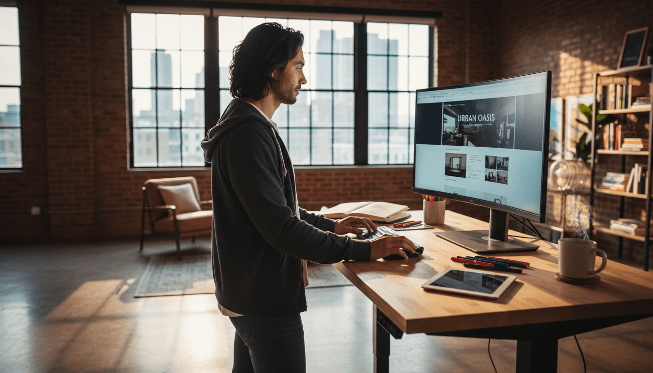 Web designer focused on creating a professional website at a standing desk with large monitor in a modern Chicago studio